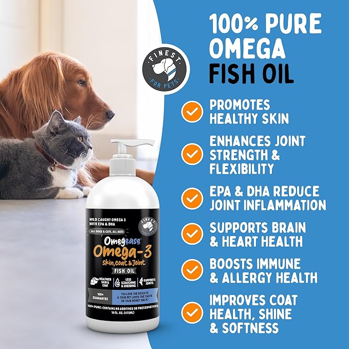 Omega 3 Fish Oil for Dogs & Cats. 100% Natural Wild Caught EPA & DHA Fatty Acids Supplement for Joints, Skin & Coat, Itching, Shedding & Immune Health. Stronger Than Salmon Oil, Omegease 16 oz