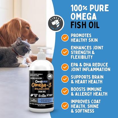 Omega 3 Fish Oil for Dogs & Cats. 100% Natural Wild Caught EPA & DHA Fatty Acids Supplement for Joints, Skin & Coat, Itching, Shedding & Immune Health. Stronger Than Salmon Oil, Omegease 16 oz