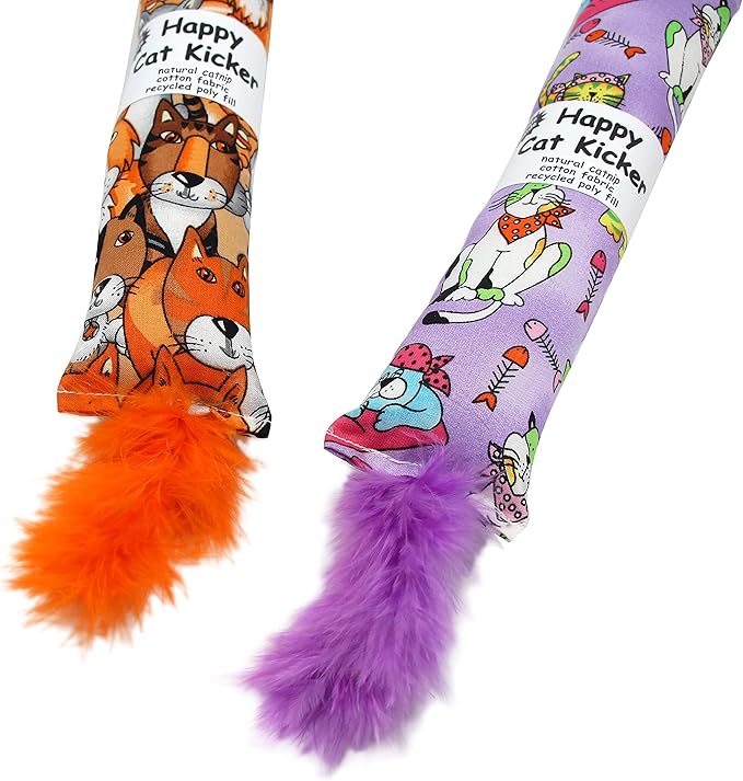 Jumpaws 2 Pack Natural Interactive Catnip Cat Kicker with Feathers, Bite Resistant Chew Toy, Crinkle Kicker, Accessories for Indoor Cat