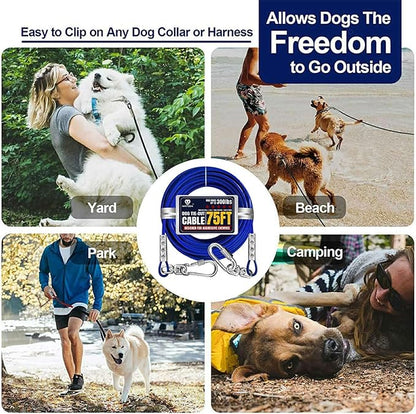 Tie Out Cable for Dogs Up to 300lbs,75ft Extra Strong 1000lbs Break Strength Tie-Out Tether Trolley Training Lead,Dog Run Cable for Yard Garden Park Camping Outside (Blue, 300lbs 75ft)