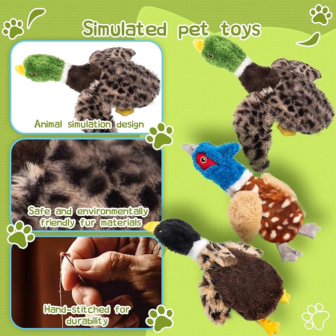 Calibonbon Duck Dog Squeaky Toy for Aggressive Chewers - No Stuffing Durable Plush with 4 Squeakers & Crinkle Wings, Chew Proof Puppy Toys for Small Medium Large Dogs (Green & Brown)