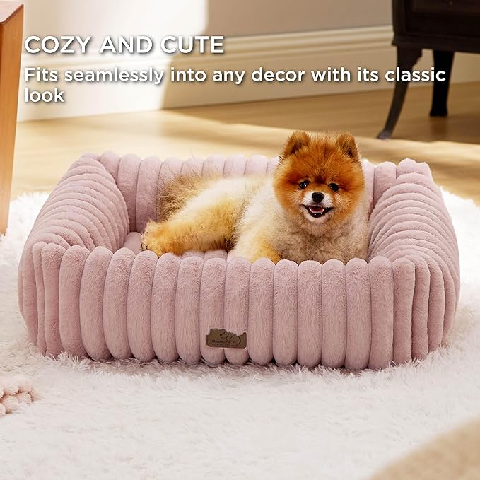 Bedsure ComfyFleece Washable Dog Bed for Medium Dogs - Cute Furry Puppy Beds, Rectangle Orthopedic Corduroy Fleece Pet Beds with Removable Zipper Cover, 30x24x8inches, Blush Pink