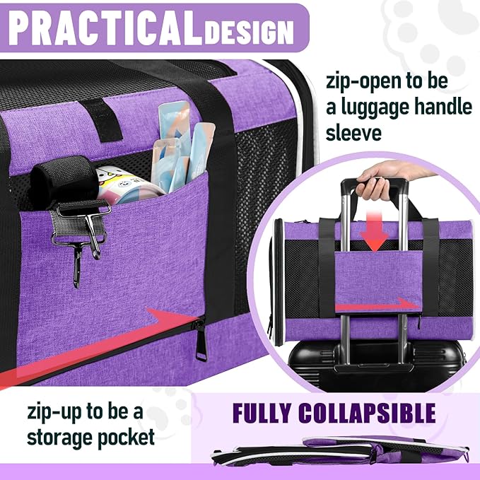 GAPZER Pet Carrier for Large Cat 20 lbs+ / Soft Sided Small Dog 12 Pounds Travel Crate Top Load/Collapsible Kitty Carry Bag Big Kitten Mesh/Sturdy Animal Transport cage Kennel Long Trips Purple