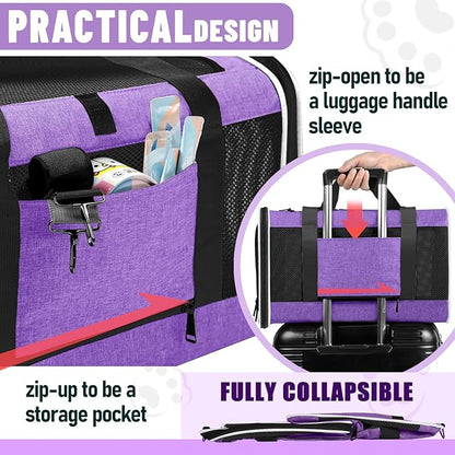 GAPZER Pet Carrier for Large Cat 20 lbs+ / Soft Sided Small Dog 12 Pounds Travel Crate Top Load/Collapsible Kitty Carry Bag Big Kitten Mesh/Sturdy Animal Transport cage Kennel Long Trips Purple