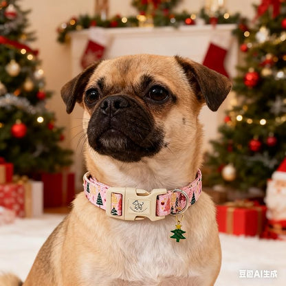 Elegant little tail Christmas Dog Collar - Christmas Tree Pink Pet Collar Cotton Soft Plastic Buckle Durable Puppy Collars Female or Male Adjustable Collar for Small Puppy