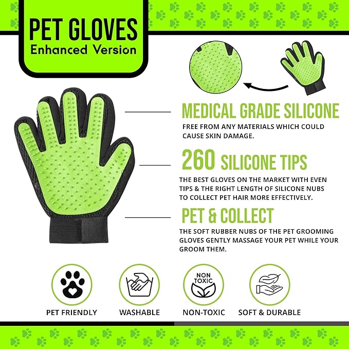 Pet Grooming Gloves – 1 Pair – Deshedding & Bath Massage Mitts for Dogs & Cats – Choose from 5 Colors – Adjustable, Reusable & Easy to Clean (Lime Green)