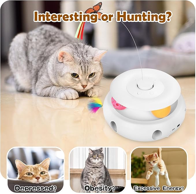 Scsuupoee Cat Toys,3-in-1 Interactive Cat Toys for Indoor Cats,Rechargeable Automatic Interactive Cat Toy with Fluttering Butterfly,Smart Sensor 6 Holes Mice Whack-A-Mole and Track Balls, White