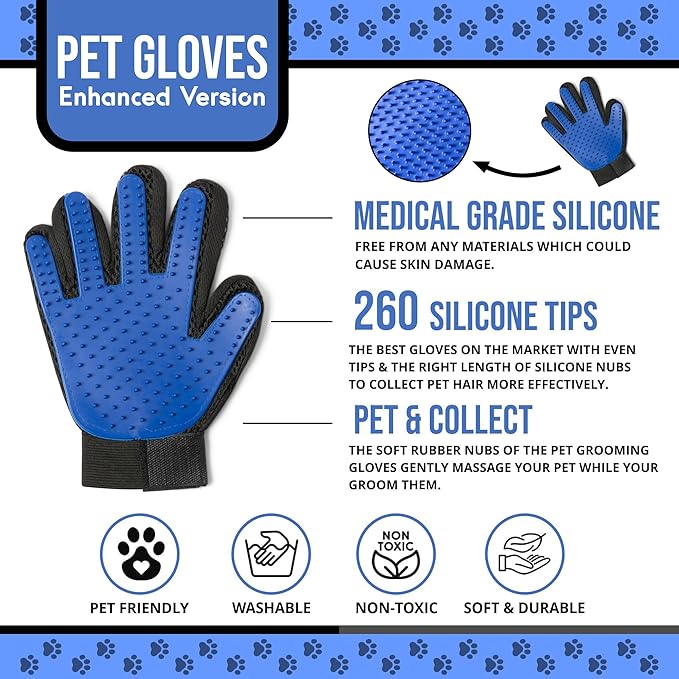 Pet Grooming Gloves – 1 Pair – Deshedding & Bath Massage Mitts for Dogs & Cats – Choose from 5 Colors – Adjustable, Reusable & Easy to Clean (Blue)