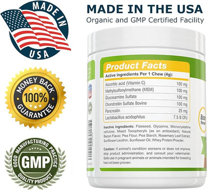 Amazing Probiotics for Dogs Eliminates Diarrhea and Gas with Hip Joint Pain Relief, 90 Bacon Soft Chews