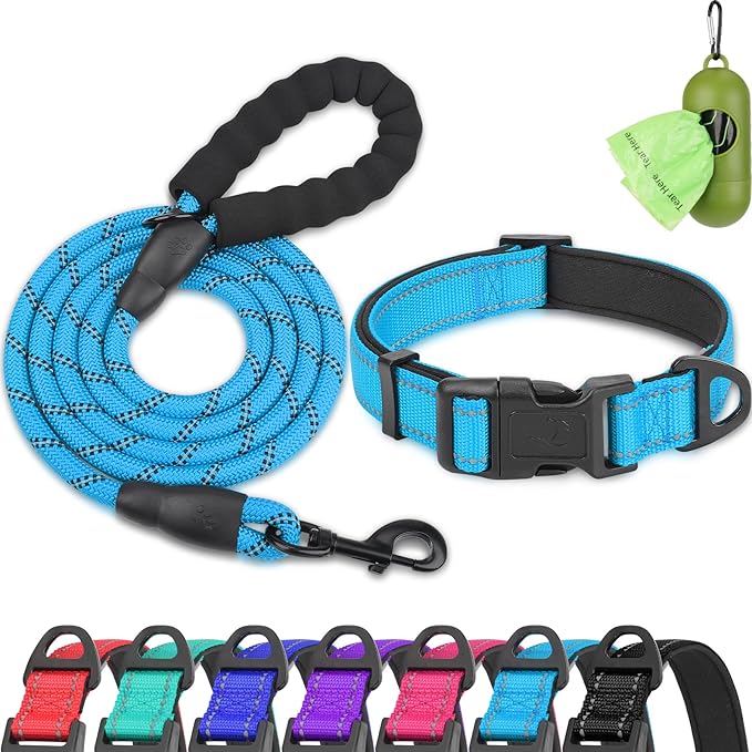 Dynmeow Reflective Dog Collar and Leash Set, 6FT Strong Climbing Rope Leash with Padded Handle, Adjustable Pet Collar with Soft Neoprene Padding for Medium Large Dogs, Blue, M