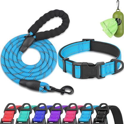 Dynmeow Reflective Dog Collar and Leash Set, 6FT Strong Climbing Rope Leash with Padded Handle, Adjustable Pet Collar with Soft Neoprene Padding for Puppy Small Dogs, Blue, Xs