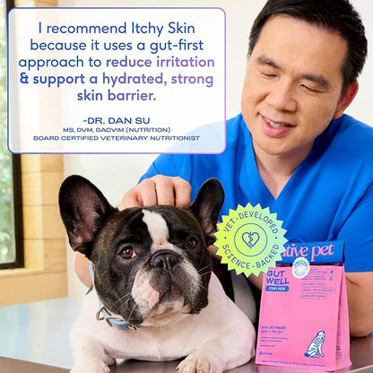 GutWell Itchy Skin - Dog Itching Skin Relief & Seasonal Allergy Itch Relief for Dogs - Promotes Skin Hydration, Elasticity & Healthy Barrier with Triple-biotic Blend, Zinc, & Vitamin E - 120 Scoops