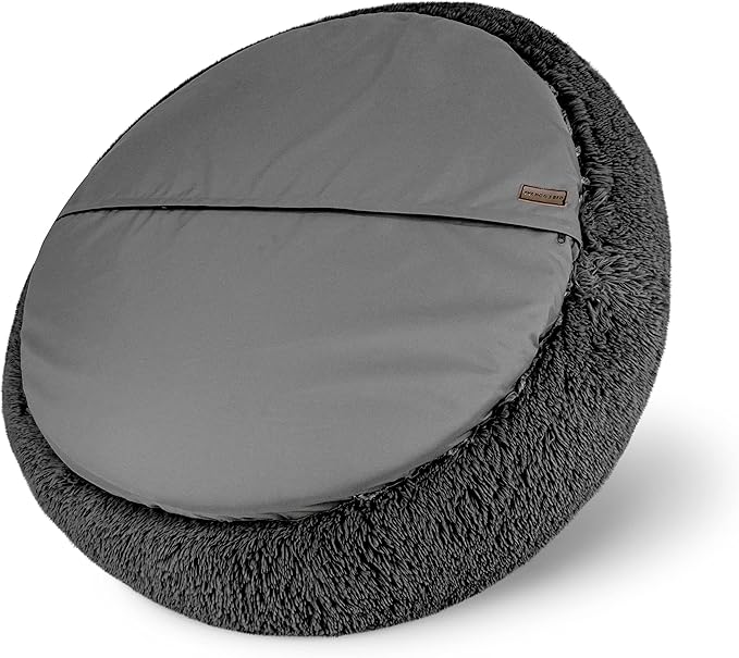 The Dog’s Bed Sound Sleep Donut Dog Bed, Small Dark Grey Fur Calming Nest Bed, Veterinary Approved