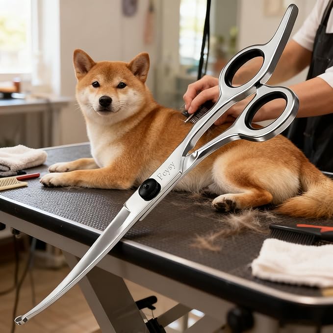 Curved Scissors for Dog Grooming, Fcysy Stainless Steel Pet Grooming Shears with Safety Round Tip, Curved Dog Grooming Scissors for Dogs & Cats Face, Legs, Ears – Black