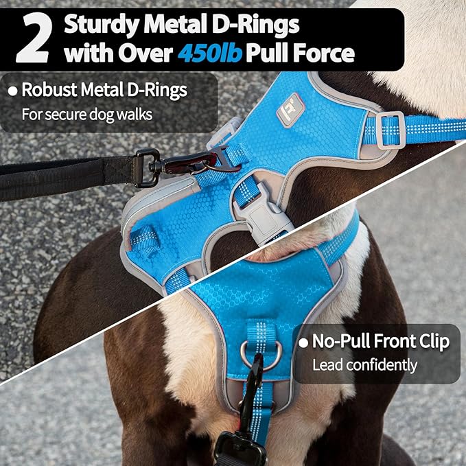 Huntboo Escape Proof Dog Harness, Escape Artist Harness, Reflective Harness with Padded Handle, Breathable, Durable, Adjustable Vest for Medium Dogs Walking, Training, and Running Gear (Blue, M)