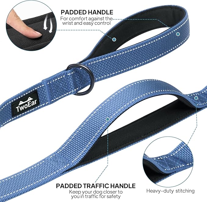 TwoEar 6FT 1IN Strong Dark Blue Dog Leash with 2 Padded Handles, Traffic Handle Extra Control, Comfortable Soft Dual Handle, Auto Lock Hook, Reflective Walking Lead for Small Medium and Large Dogs