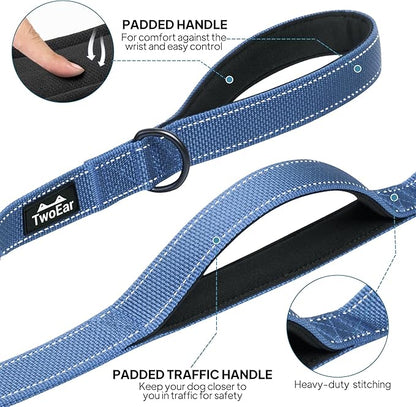 TwoEar 5FT 1IN Strong Dark Blue Dog Leash with 2 Padded Handles, Traffic Handle Extra Control, Comfortable Soft Dual Handle, Auto Lock Hook, Reflective Walking Lead for Small Medium and Large Dogs
