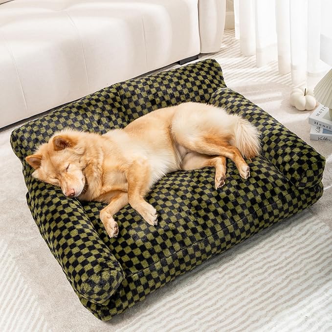 Faux Fur Cat & Dog Sofa Cat Couch Mini Cat Bed Indoor Human Style Pet Sofa, Modern Pet Furniture for Cats, Washable ＆ Removable Cover, for Cats and Small Medium Dogs (Black/Green, X-Large(36X27 inch))