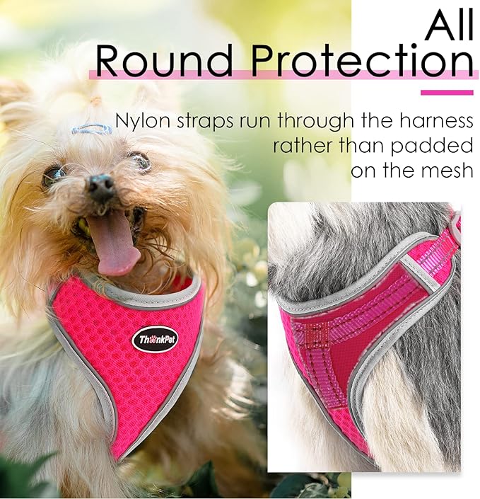 ThinkPet Reflective Breathable Soft Air Mesh No Pull Puppy Choke Free Over Head Vest Harness for Puppy Small Medium Dogs and Cats Rose Red Large