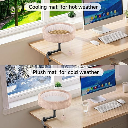 Chumajor Cat Desk Bed - 360° Rotating & Adjustable, Supports 44 lbs, Soft Faux Fur with Dual-Sided Reversible Mat, Modern Indoor Cat Nest Furniture for Office Desks and Game Tables, Island Table