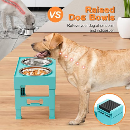 LAKIPETN Elevated Dog Bowls with 2 Stainless Steel Bowls, Raised Dog Food Bowl Stand 5 Height Adjustable (3.1", 9", 10", 11", 12") Non-Slip Feeder Set for Medium and Large Dogs - Turquoise