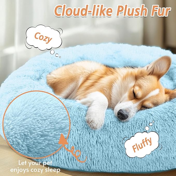 JOLLYVOGUE Calming Dog Bed for Small Dogs - 23 inches Donut Washable Small Dog Bed for Kittens & Puppies, Anti-Slip Round Fluffy Plush Faux Fur Cat Beds (Fits up to 25 lbs Pets, Light Blue)