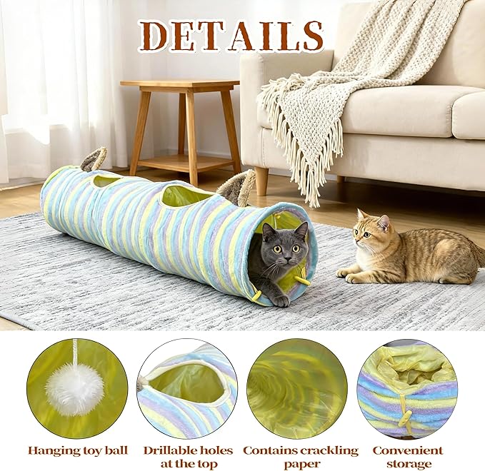Cat Tunnel, 45" Cats Toys Collapsible Tunnel Straight Tube with a Fun Ball and 2 Holes, for Rabbits, Kittens, Ferrets, Puppy, Diameter 9.8 Inch