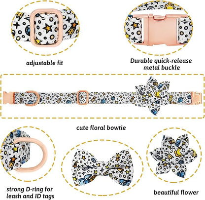 Dog Collar and Leash Set Girls Adjustable Puppy Collars with Floral Bow Tie for Small Medium Large Female Dogs, Solar System, M