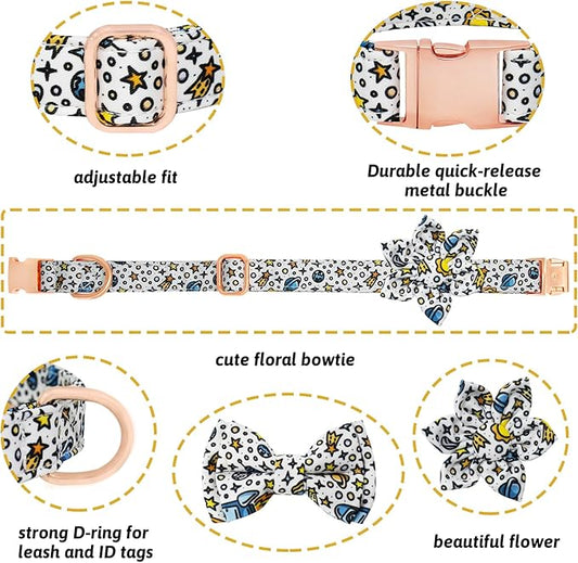 Dog Collar and Leash Set Girls Adjustable Puppy Collars with Floral Bow Tie for Small Medium Large Female Dogs, Solar System, M