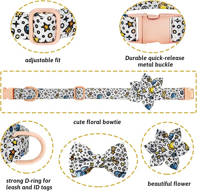Dog Collar and Leash Set Girls Adjustable Puppy Collars with Floral Bow Tie for Small Medium Large Female Dogs, Solar System, S