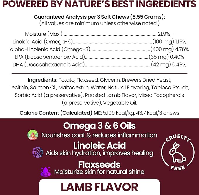 Salmon Oil for Dogs - Soft Chew Omega Treats for Skin and Coat - Fish Oil Blend of Essential Fatty Acids, Omega 3 and 6, Vitamins, Antioxidants and Minerals - Made in USA (180 Chews, Lamb)
