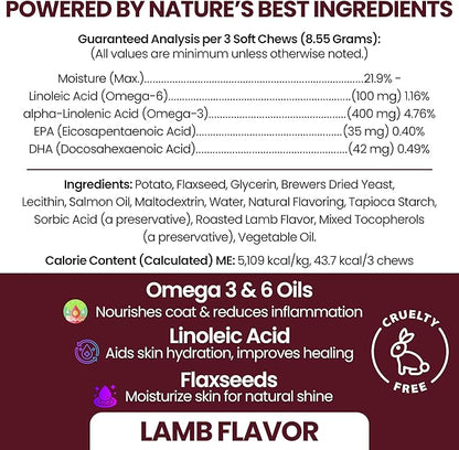 Salmon Oil for Dogs - Soft Chew Omega Treats for Skin and Coat - Fish Oil Blend of Essential Fatty Acids, Omega 3 and 6, Vitamins, Antioxidants and Minerals - Made in USA (180 Chews, Lamb)