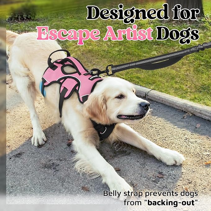 rabbitgoo Escape Proof Dog Harness Large Dogs, Soft Padded Full Body Pet Harness, Reflective Adjustable No Pull Vest with Lift Handle and Leash Clip for Walking Hiking Training, Light Pink, L