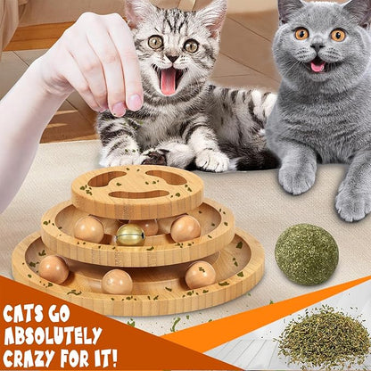 DoogCat Cat Ball Track Toy with Puzzle Top, 3-Level Tower with 9 Removable Balls, Interactive Toy for Kitten Mental & Physical Exercise