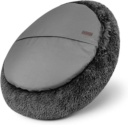 The Dog's Bed Sound Sleep Donut Dog Bed, Grey Fur Large Removable Cover Calming Nest Bed, Veterinary Approved
