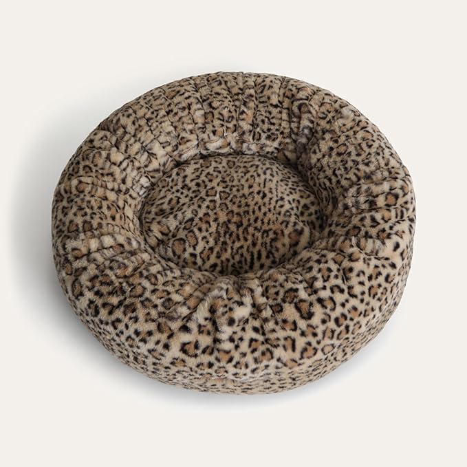 UnHide Floof Pet Bed - Small (23" x 8") - Extra Soft Dog Bed - Removable Faux Fur Cover - Machine Washable - Helps Ease Pet Anxiety & Provides The Perfect Sleep - Leopard