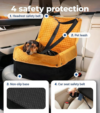 Wagora Dog Car Seat for Small Medium Dogs, Travel Pet Car Bed with Removable Waterproof Cover, Memory Foam Dog Booster Seats Up to 35 lbs, Safety Belt and Storage Pocket(Brown)