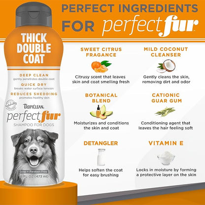 TropiClean Perfect Fur Detangling and Deshedding Dog Shampoo for Breeds with Thick Double Coats, Natural Moisturizing Shampoo, Puppy Safe, 16oz.