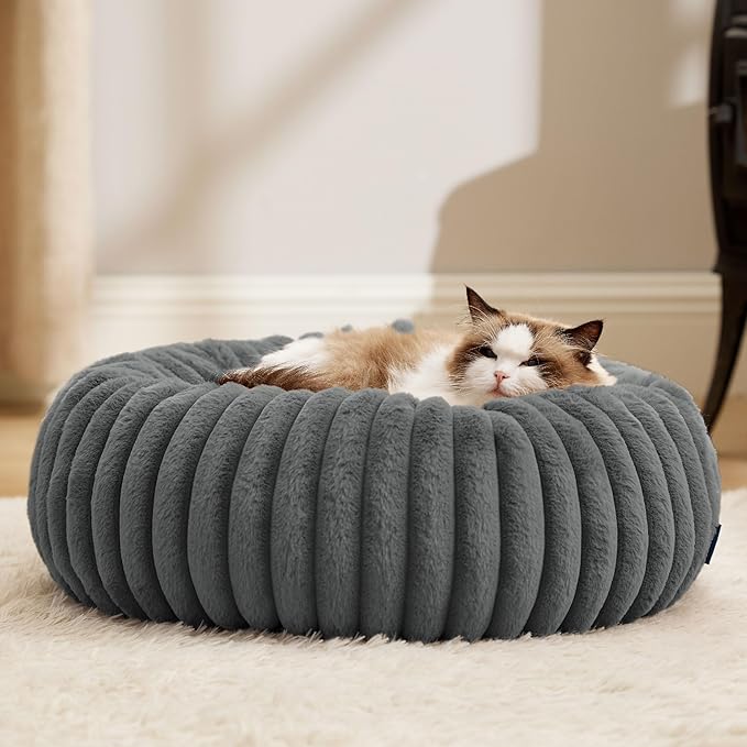 Bedsure ComfyFleece Cat beds for Indoor Cats - Donut Dog Beds for Small Dogs with Corduroy Fleece & Anti Slip Bottom, Faux Fur Pet Beds with Washable Removable Cover, Warm Grey, 20x20x6 inches