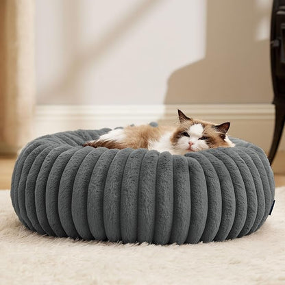Bedsure ComfyFleece Cat beds for Indoor Cats - Donut Dog Beds for Small Dogs with Corduroy Fleece & Anti Slip Bottom, Faux Fur Pet Beds with Washable Removable Cover, Warm Grey, 20x20x6 inches