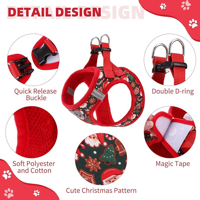 KOOLTAIL Christmas Dog Harness for Small Medium Dogs,Dog Harness and Leash Set, Step in No Pull Soft Mesh Padded Adjustable and Reflective Pet Vest Harness Puppy, Extra Harness for XS S Dogs, S