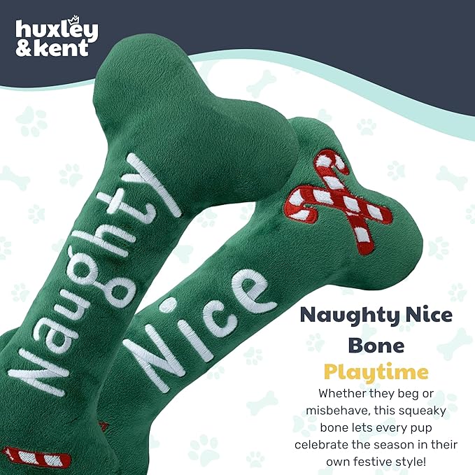 Huxley & Kent Funny Dog Toy w/Squeaker – Holiday Power Plush Squeaky Dog Toys for Small, Medium & Large Dogs – Soft Stuffed Animal for Indoor Play & Fetch - Naughty Nice Bone, Small