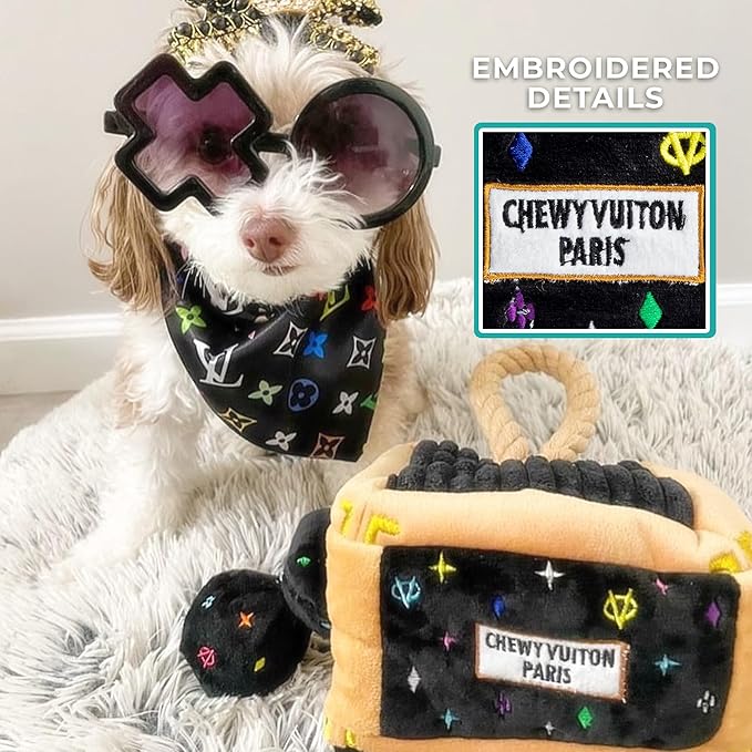 Haute Diggity Dog Black Monogram Chewy Vuiton Interactive Trunk, Plush Designer Dog Toys with Interactive Squeaker, Stimulating Pet Enrichment, Machine-Washable & Safe Materials for All Breeds