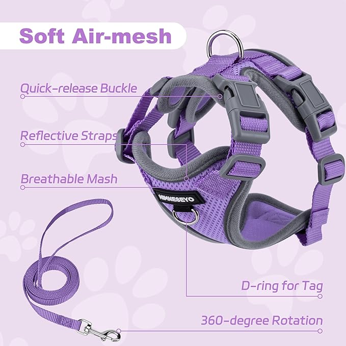 Small Dog Harness and Leash Set，No Pull Adjustable Pet Harness for Small Dogs ，Breathable Mesh Reflective Dog Vest Harness (Light Purple, M)
