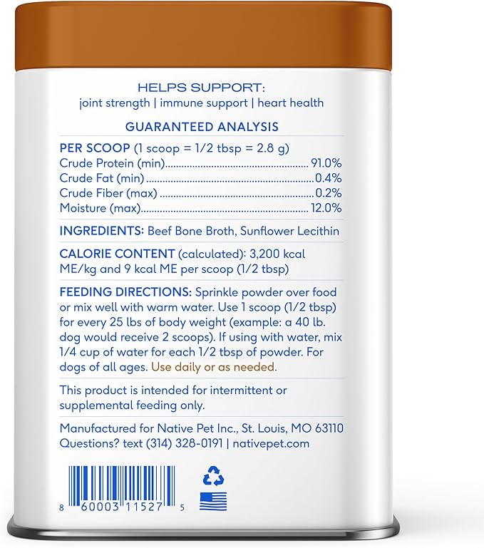 Native Pet Bone Broth for Dogs and Cats - Made with Real Beef Bone Broth, Dog Food Toppers for Picky Eaters - Provides Extra Hydration & Nutrition for Joint Strength, Immunity & Heart Health-96 Scoops
