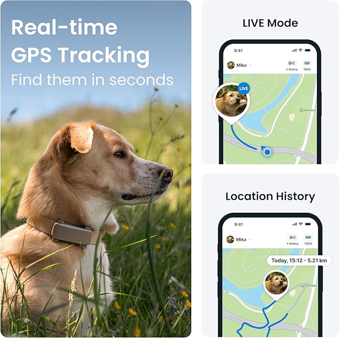 Tractive GPS Dog Tracker (2025 Release) Real-time Pet Location Tracker | Health & Wellness Alerts | Virtual Fence for Dogs | Bark Monitoring (Brown w/Olive Cover)