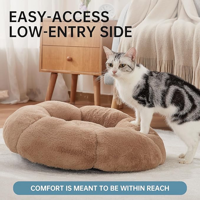 OhGeni 20 inches Calming Donut Dog & Cat Bed for Small Pets, Warming Comfort Fluffy Short Pile Fur, Durable Machine Washable, Cute Round Bed for Puppy and Kitten, Camel