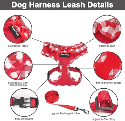 SuperBuddy Upgraded Soft Mesh Dog Harness, Super Breathable Lightweight Pet Harnesses for Puppy Dogs Outdoor Walking, Red Dog Harness and Dog Leash Set Packing -Medium