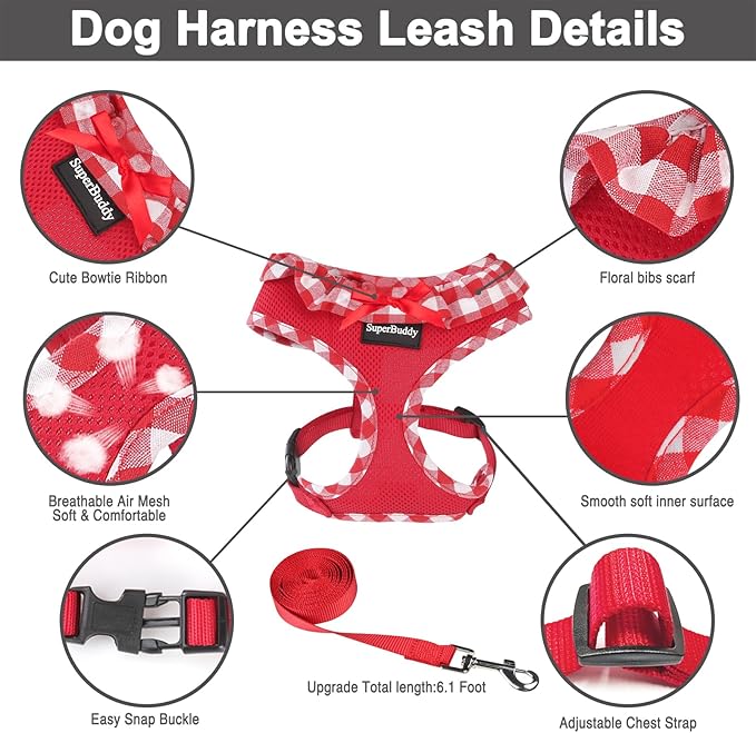SuperBuddy Upgraded Soft Mesh Dog Harness, Super Breathable Lightweight Pet Harnesses for Puppy Dogs Outdoor Walking, Red Dog Harness and Dog Leash Set Packing -XSmall