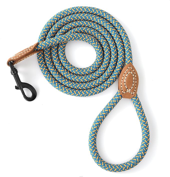 Mile High Life Rope Leash with Genuine Leather Connection, 6 FT/5 FT/4 FT, Heavy Duty Dog Leash for Medium & Large Dogs (Peacock Blue, 48 Inch)